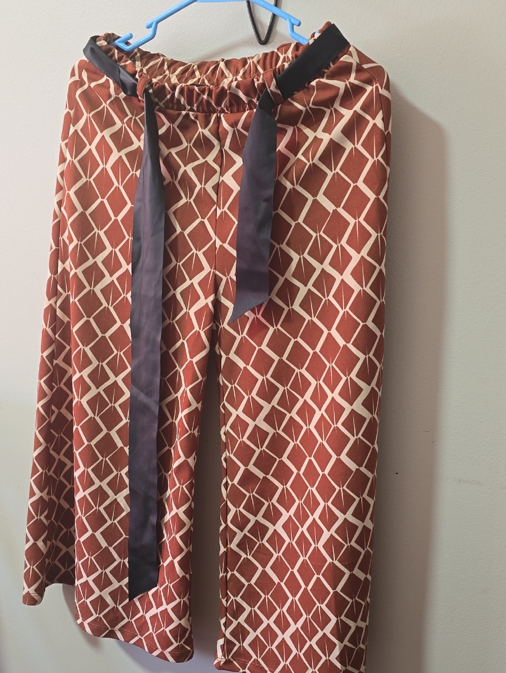 Rust Geometric A-Line Skirt with Contrast Tie Waist